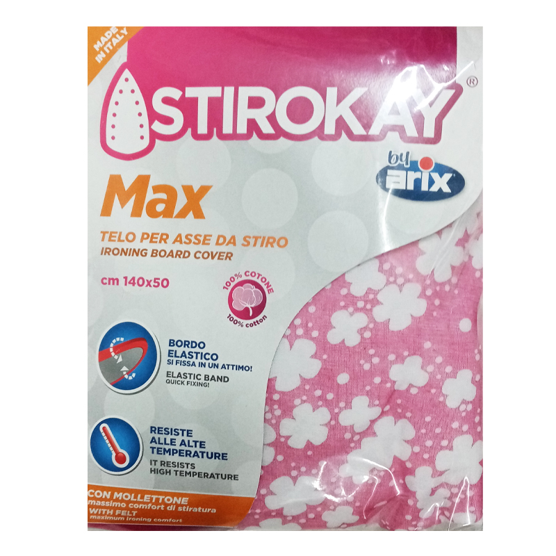 ARIX STIROK Max Telo per Asse da Stiro in cotone con bordo elastico rosa e  bianco 140x50cm