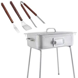 F.D. CASA D’ALUISIO Fornello a carbone per arrostire in lamiera + Set 3 utensili per barbecue