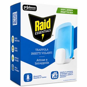 RAID ESSENTIALS Trappola Insetti Volanti per Moscerini, Mosche e Tarme senza isetticida, uso interno - 1 trappola + 1 ricarica